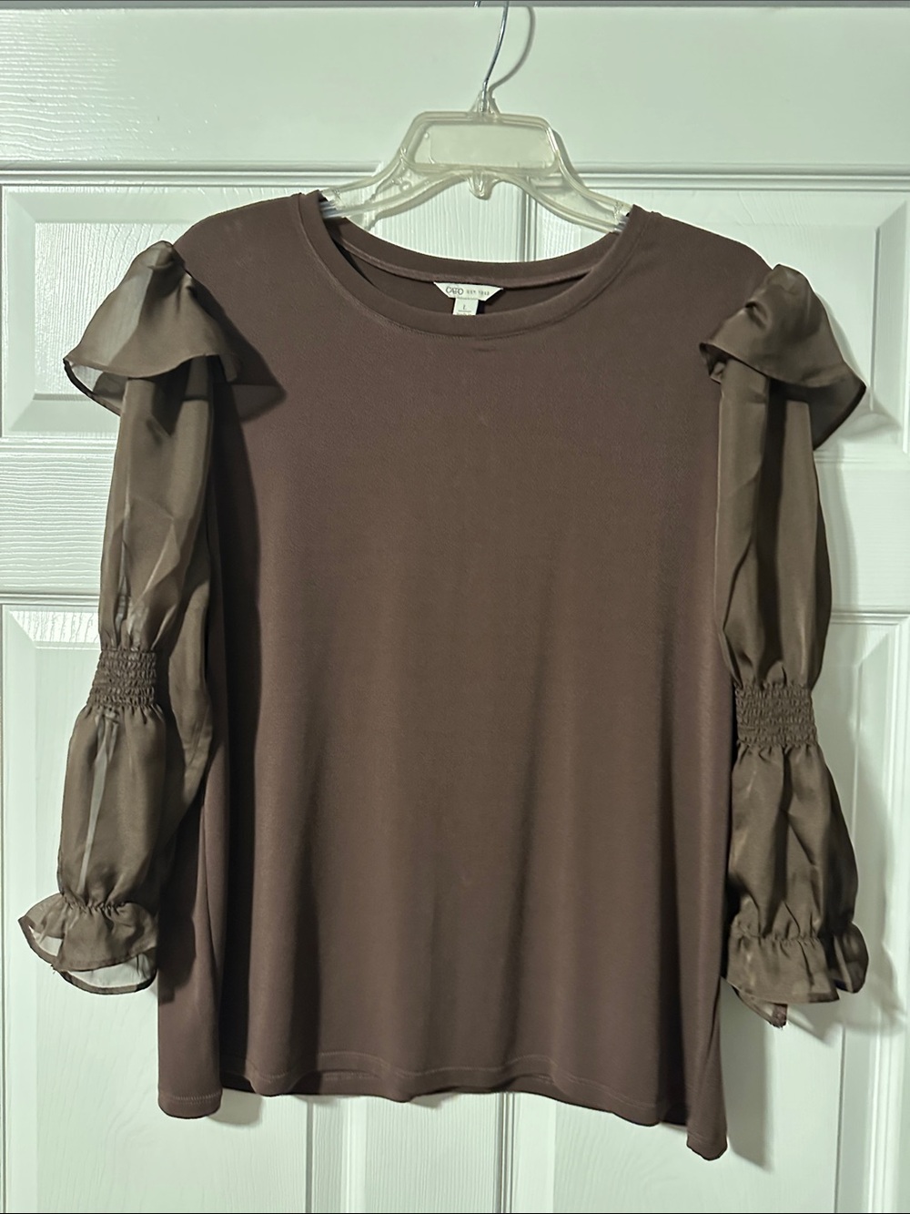 Brown Puff Sleeve Top with Sheer Ruffled Sleeves